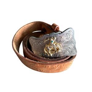 Cowboy Bronco on Bucking Horse Rodeo Buckle Brown Leather Belt